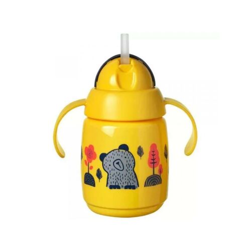 Tommee Tippee Superstar sárga szívószálas tanuló itatópohár 300ml maci mintával, kicsomagolva, fogantyúkkal és felugró szívószállal - Konyha és étkezés
