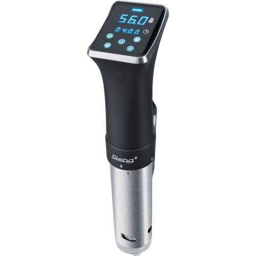 Steba SV 80 WiFi Sous-Vide készùlék, elölnézet, digitális kijelzővel, ami 56.0 Celsius fokot és 04:00 időbeállítást mutat, fekete és ezüst merósítő cirkulátor - Szuvidáló gép