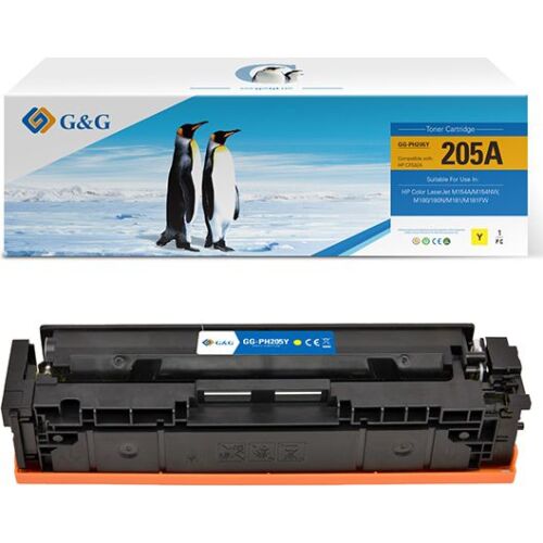 G&G NT-PH205Y sárga nyomtatópatron, HP 205A kompatibilis, csomagolásával együtt látható, pingvinekkel és a HP Color LaserJet Pro nyomtatókhoz, például az M180n és M181fw modellekhez való termékadatokkal - Nyomtató toner