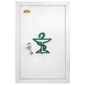 Trezor Security Medicine Cabinet, white, with a green pharmacy symbol and two keys - Medicine cabinet