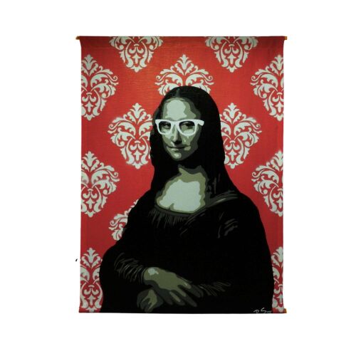 Wallity Dekoratív Poliészter Festmény, részletes nézet a modern Mona Lisa fali művészetről fehér keretes szemüveggel és piros damaszk mintával, fehér háttéren, 70 x 120 cm - Dekoráció