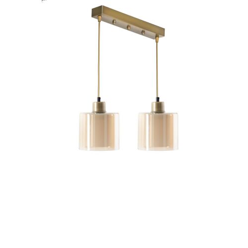 Opviq Chandelier Copper 8500-5, szögből nézve a fém függeszték két krémszínű üveg lámpabúrával, fehér háttér előtt - Opviq