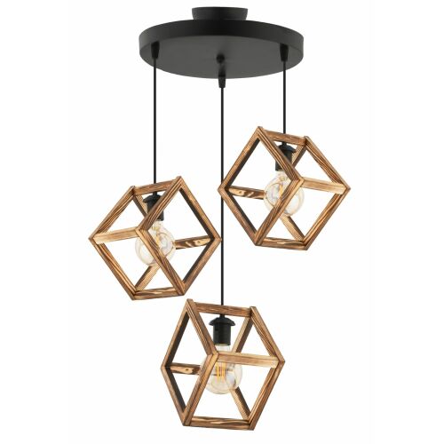 Opviq Chandelier Natural Black Cube Triple B függeszték három fa kocka árnyékolóval és látható izzókkal, fehér háttéren - Opviq