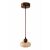 Az Opviq Beige Walnut Round csillár ferde nézete, amely alulról mutatja a fa mennyezeti rozettát, a sötétbarna kábelt, a fa gömböt és a travertin kupakot, fehér háttéren