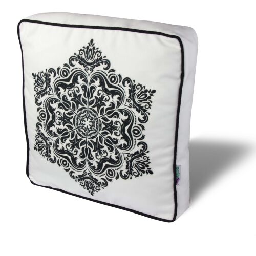 Aberto Design Párna YM1190, fehér fekete díszes mandala mintával, ferde nézet, 50% pamut, 50% poliészter - Díszpárna