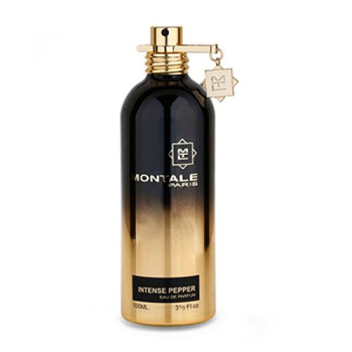 Montale Intense Pepper 20 ml mini parfümös üveg, fekete-arany kivitel, férfiaknak, címkével, szögletes nézetben fehér háttéren - Montale
