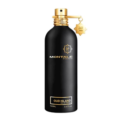 Montale Oud Island 20ml mini parfümös üveg, fekete arany részletekkel, elölnézet fehér háttérrel - Montale