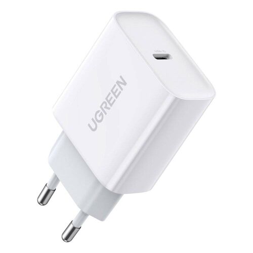 Ugreen 60450 univerzális fehér hálózati gyorstöltő mobiltelefonhoz USB-C porttal, ferde nézet - Telefontöltő