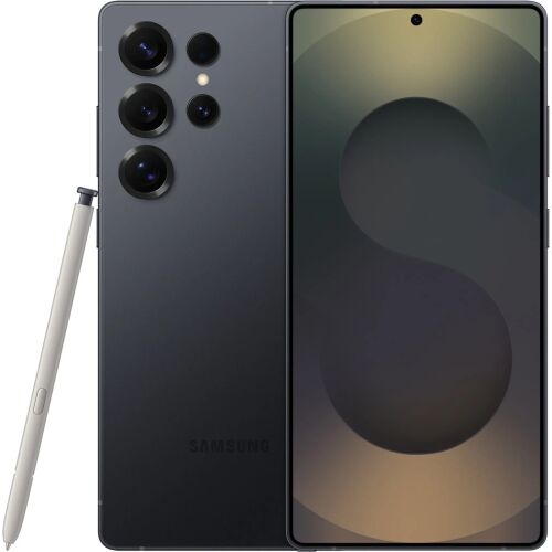Samsung Galaxy S25 Ultra fekete színben, elölnézet és hátulnézet S Pen stylussal - Samsung