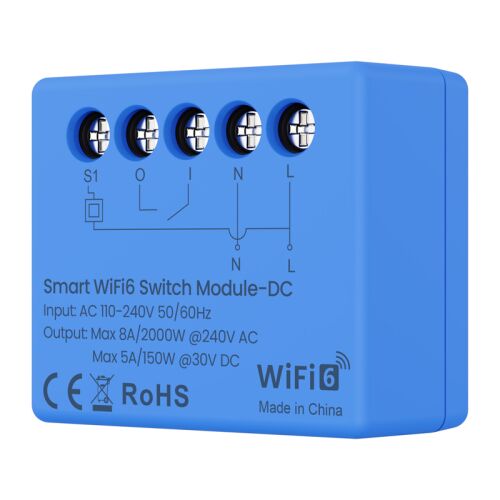 Avatto WSM20DC intelligens WiFi 6 kapcsolómodul, döntött nézet csavaros kapcsokkal és specifikációkkal - Okos otthon kiegészítő