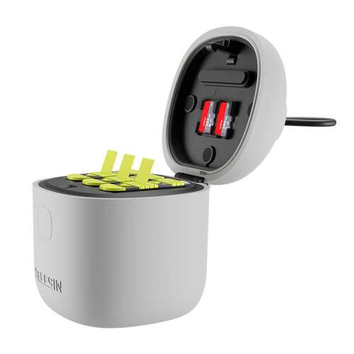 Telesin waterproof triple charger for GoPro Hero 9 and Hero 10 with 2 batteries and SD card reader, grey