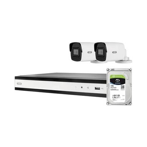 ABUS ABUS Komplett-Set 2 db PoE Mini Tube kamerával + rögzítő TVVR36423T LAN IP megfigyelő kamera készlet 1920x1080 pixel, két fehér mini csőkamerával, fekete hálózati videórögzítővel és egy Seagate 1TB SkyHawk merevlemezzel, fehér háttéren - Lakberendezés