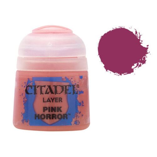 Citadel Layer Pink Horror 12ml akrilfesték edény, színmintával fehér háttéren miniatúrafestéshez - Akrilfesték