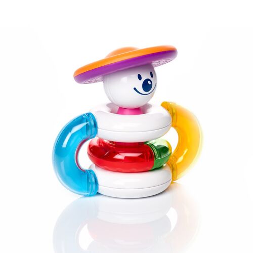 SmartMax My First Stacking Rings mágneses építőjáték, összeszerelve egy fehér fej alakú elemmel, színes gyűrűkkel és lapos alappal, ferde nézet fehér háttéren - SmartMax