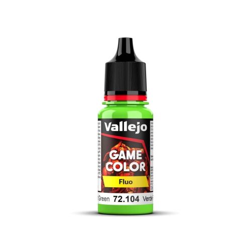Vallejo Game Color Fluorescent Green 18 ml akril festék flakon, elölnézet fehér háttérrel - Iskolai festék és festőkellék