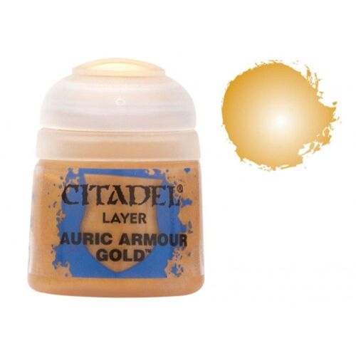 Citadel Layer Auric Armor Gold akrilfesték Warhammer miniatúrákhoz, 12 ml-es flakon az arany szín mintájával - Dekorációs kellék