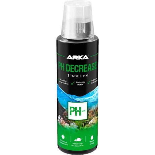 MIKRO-LIFT PH-CSÖKKENTŐ 236ML (ARKA pH Decrease) akváriumi palack, elölnézet a márkával, 'pH Decrease' felirattal és akvatikus design elemekkel - Medence vegyszer