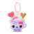 Yummiland Num Noms Testillat Vegyes PDQ-ban: Egy lila csésze alakú játék szívvel, szivárvánnyal és gofri tölcsér díszítéssel, rózsaszín kulcstartóval, fehér háttéren