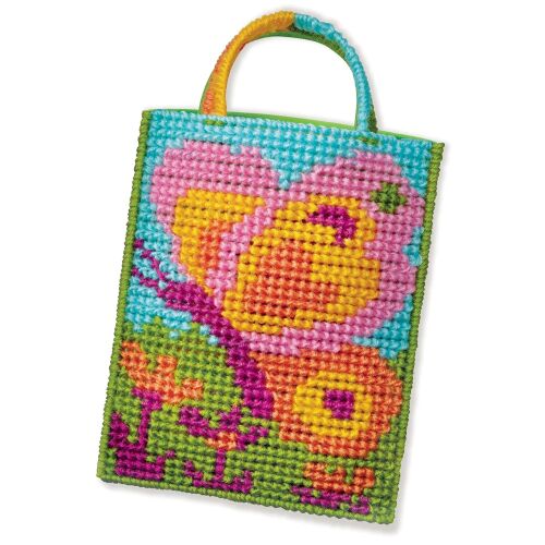 Elkészült Easy-to-do Cross Stitch táska gyerekeknek, színes pillangó mintával, zöld, rózsaszín, sárga és kék cérnákkal - Hímzőkészlet