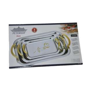 Peterhof 3 részes tálca készlet, rozsdamentes acélból arany fogantyúkkal, rózsa mintával - Peterhof