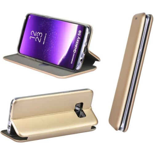Forcell Elegance arany oldalra nyíló tok iPhone 15 Pro Max telefonhoz, kollázs több szögből és állvány funkcióval, illusztrációként Samsung Galaxy S8 telefont ábrázolva - Forcell