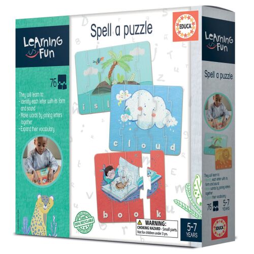 Educa Oktató puzzle, Szóformák 76 db-os oktató játék szavak tanulásához és betűzéshez, 5-7 éves gyerekeknek, „island”, „cloud” és „book” szókirakós példákkal - Fejlesztő játék iskolásoknak
