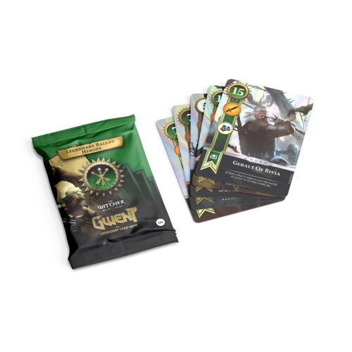 Gwent Legendary Ballad Skellige kártyacsomag zöld csomagolásban, Ríviai Geralt karakterkártyával, fantasy kártyajáték elemekkel. - Kártyajáték