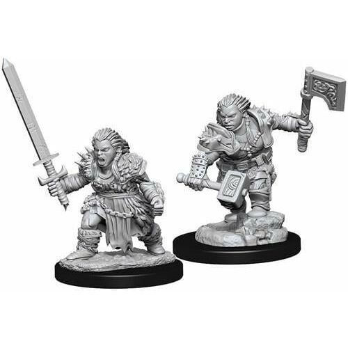 Két Pathfinder Battles Deep Cuts Unpainted Miniatures: női törpe barbár figura készlet, az egyik karddal, a másik fejszével és kalapáccsal, festésre készen, fehér háttéren - Gaming
