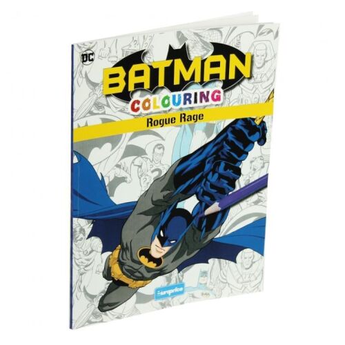 Batman Rogue Rage kifestőkönyv borítója Batman-nel, amint repül egy lila ceruzával, DC Comics foglalkoztató füzet gyerekeknek - Kifestő foglalkoztató füzet