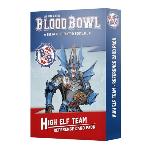 Blood Bowl High Elf csapat hivatkozási kártyák doboz, rajta egy kék páncélos Felső Elf játékos és a 'Warhammer Blood Bowl The Game of Fantasy Football' logó fehér háttérrel - Kártyajáték