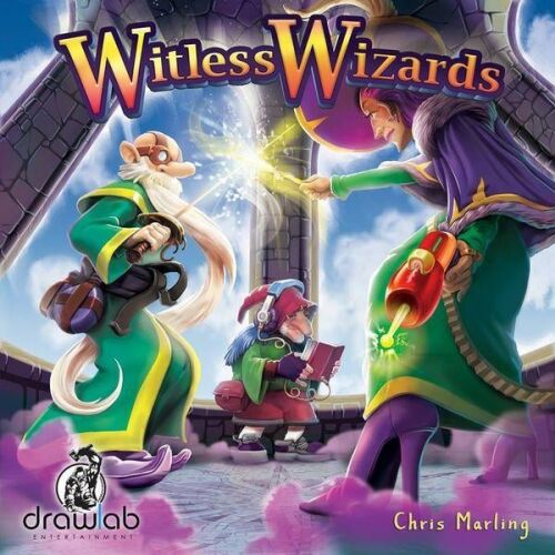 Witless Wizards társasjáték dobozképe, három varázsló karakterrel egy mágikus kastély környezetében, Chris Marling tervezte a Drawlab Entertainment számára. - Asmodee