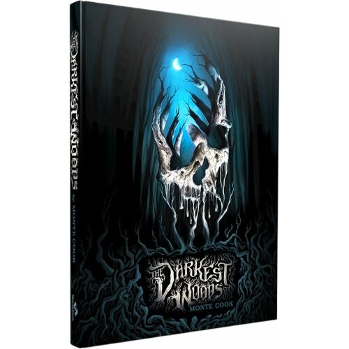The Darkest Woods RPG játék könyvborítója: fekete könyv stilizált, faágakból készült koponyával az elején, sötét erdő és hold előtt - Társasjáték