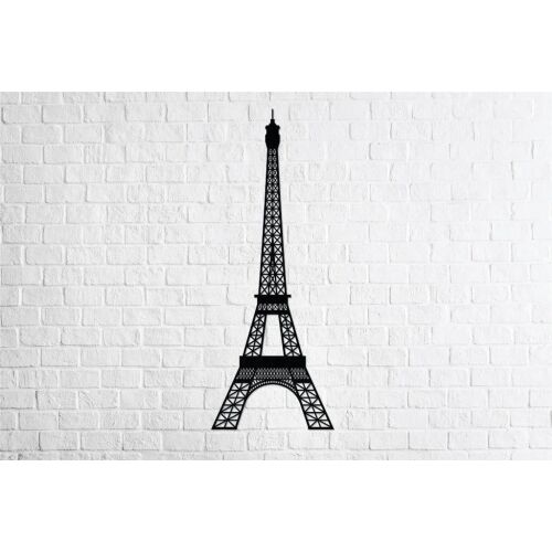 Összeszerelt Dekoratív 3D fa puzzle THE TOWER az EWA-tól, fekete Eiffel-torony modell fehér téglafal háttér előtt - 3D puzzle