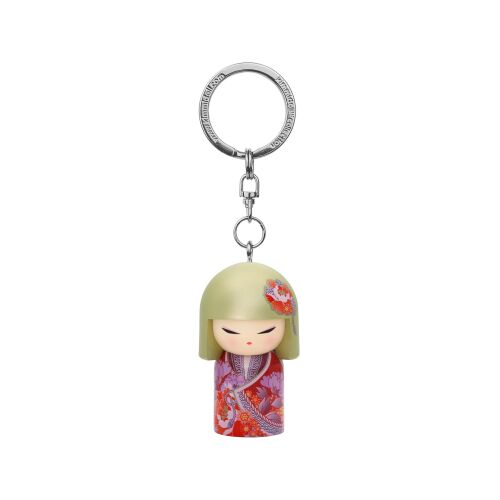 Ayana 'Színes' Kimmidoll kulcstartó, egy gyanta baba világoszöld bubi frizurával és színes kimonó mintával, fém kulcstartógyűrűhöz rögzítve - Kulcstartó