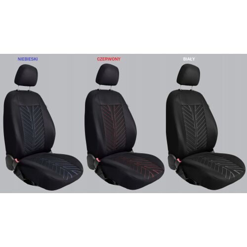 Kollázs, amely a SEAT LEON IBIZA Comfort B autós üléshuzatok három színváltozatát mutatja be: kék, piros és fehér varrással, mindegyik külön-külön első ülés huzaton. - Autó üléshuzat