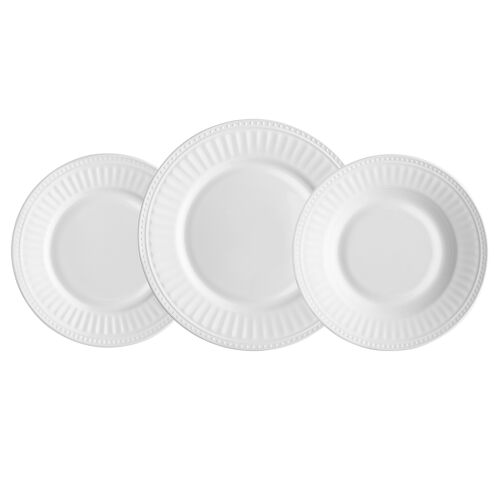 FLORINA Roma 6/18 étkészlet, három különböző méretű fehér opálüveg tányérral (desszertes, vacsorás, mély) fehér háttéren - Étkészlet