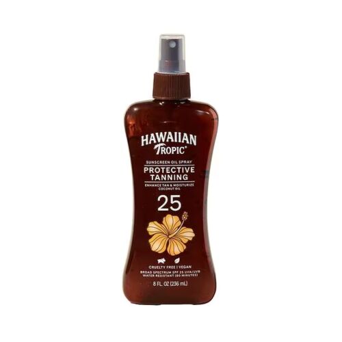 Hawaiian Tropic Naptej Olaj Spray SPF 25, védő barnulás kókuszolajjal, 236ml flakon fehér háttér előtt - Napozószer