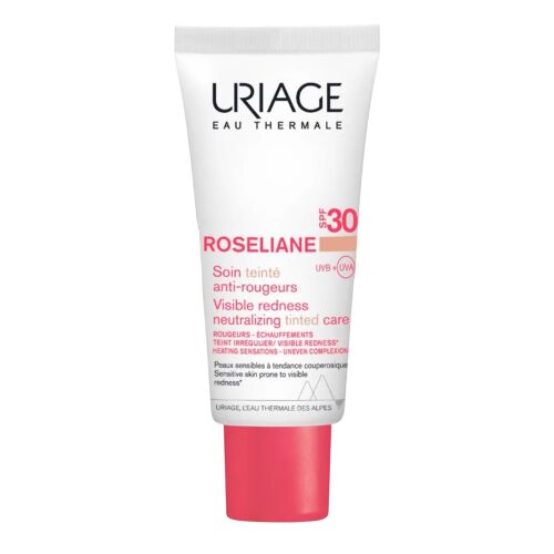 Uriage Roseliane Pirosság Elleni CC Krém Medium SPF 30, 40 ml-es tubus fehér háttéren, látható pirosságot semlegesítő színezett ápolás - Krém