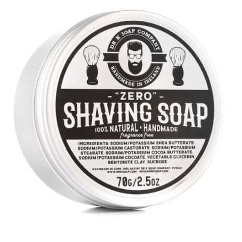 Dr K Soap Mydlo Zero borotvaszappan, 70g természetes, kézzel készített, illatmentes, fém dobozban, ferde nézet 