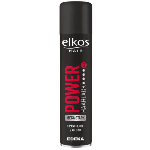 Elkos Mega Stark Power 5 hajlakk, fekete aeroszolos flakon piros és fehér felirattal, 300 ml, ultra erős tartás és panthenol az egészséges hajért, elölnézet - Hajformázó szer