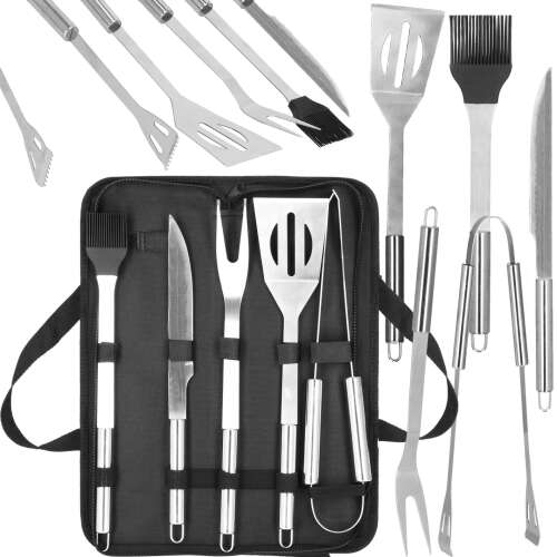Springos 5-piece stainless steel barbecue set in a carrying case