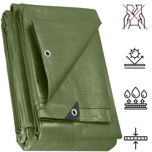 Green waterproof tarp folded with icons showing its features: waterproof, UV protection, tear-resistant