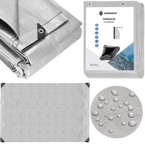 Springos 3x5m waterproof grey tarpaulin with UV protection, packaging and water droplet detail - Garden tarp