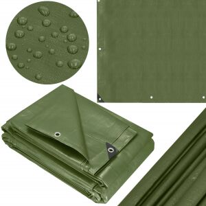 Collage of Takaróponyva green waterproof tarp showing water resistance and grommets - Garden tarp