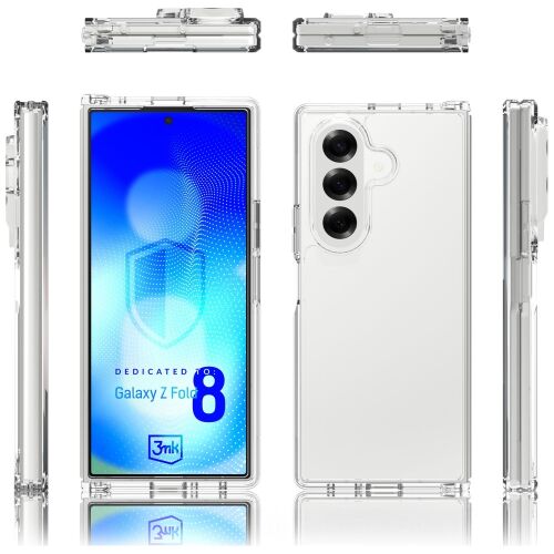 Több nézet a 3mk Armor tokról Samsung Galaxy Z Fold 8 Ultrahoz, bemutatva az átlátszó dizájnt és a pontos kivágásokat a kamerák és portok számára, 'Dedicated Galaxy Z Fold 8' grafikával - Telefontok
