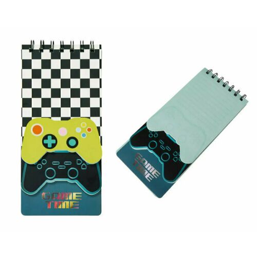 Notebook spirál GAMER 100x210mm fekete-fehér kockás mintával és játékvezérlő designnal, nyitva és vonalas oldalakat mutatva - Notesz és jegyzetfüzet