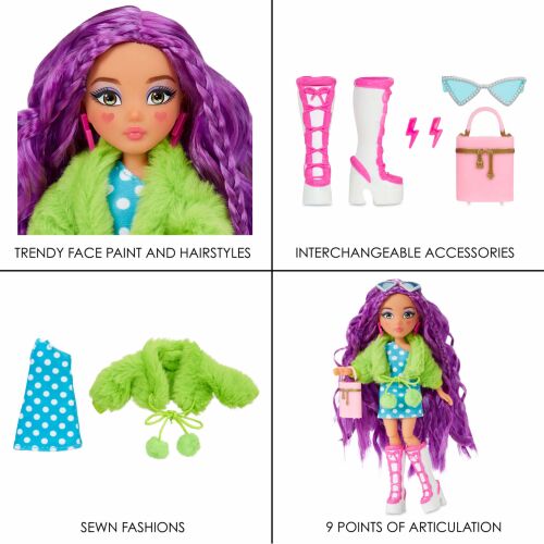 Kollázs, amely bemutatja az MGA's Dream Ella Extra Iconic Mini Baba DreamElla tulajdonságait: trendi arcsmink és frizurák, cserélhető kiegészítők (csizmák, napszemüvegek, kézitáska), varrott ruhák (ruha, kabát) és 9 ponton artikulálható - Babázás