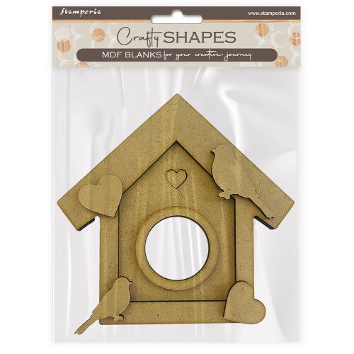 Stamperia Dewdrops Nest Crafty Shapes MDF alap, madárház forma szívekkel és madarakkal, kreatív projektekhez, csomagolva - Díszíthető tárgy