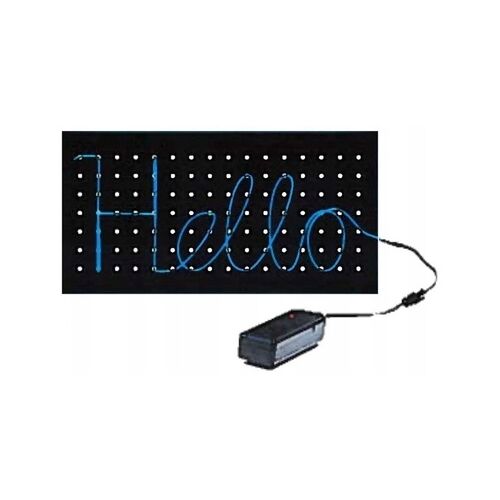 Grafix Neon aláírás kreatív világító tábla, amin a 'hello' szó látható kék neon kábellel írva, akkumulátor csomaggal fehér háttér előtt 