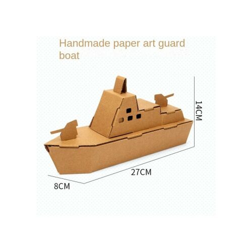 Karton csatahajó modell színezéshez, összeszerelt méretekkel 8x27x14cm fehér háttéren, kiemelve a 3D puzzle jellegét - 3D puzzle